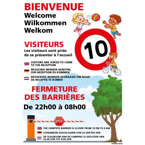 PANNEAU BIENVENUE AU CAMPING PERSONNALISABLE AVEC OUVERTURE DES BARRIERES (H0504-PERSO) - Aluminium 2 mm - 450 x 630 mm (1/2)