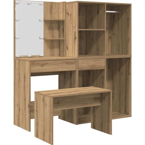 Dressing Table Set with LED Artisan Oak Engineered Wood vidaXL