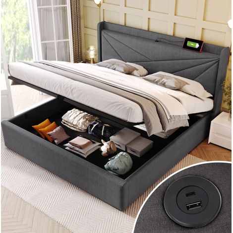 lit adulte rangement tête de lit USB 160x200 lin gris OKMYHOME (1/5)