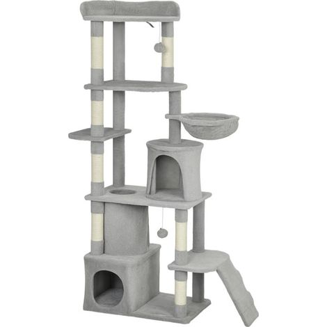 Arbre à chat à griffer, 170 cm, tunnel, grottes, large base, poteaux en sisal, gris clair Ce produit est fabriqué avec d (1/5)