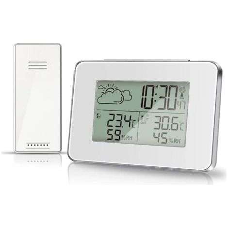 Station météo sans Fil hygromètre pour thermomètre extérieur intérieur avec capteur extérieur Écran LCD Moniteur d'humidité numérique de la température avec rétroéclairage (Blanc)