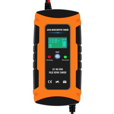 Chargeur De Batterie Portatif 12V 10A Chargeur De Batterie De Voiture Chargeur Intelligent Entièrement Automatique Chargeur d'entretien Portable Chargeur De Batterie Automatique Orange (1/5)