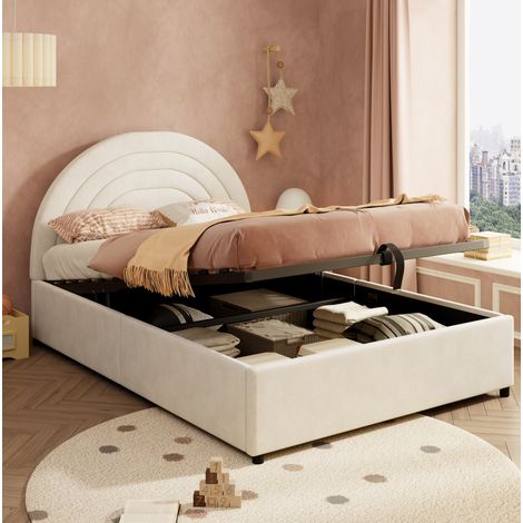 Lit tapissé 140/190 cm beige en velours avec coffre de rangement et tête de lit rembourrée (1/5)