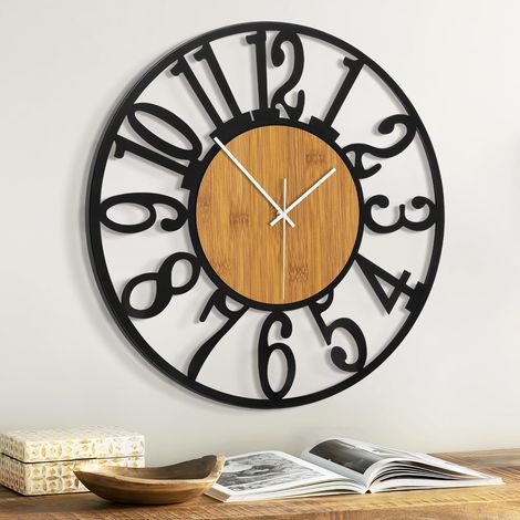 Große Wanduhr aus Holz und Metall (glänzendes Holz, arabisches Design, 35,6 cm)