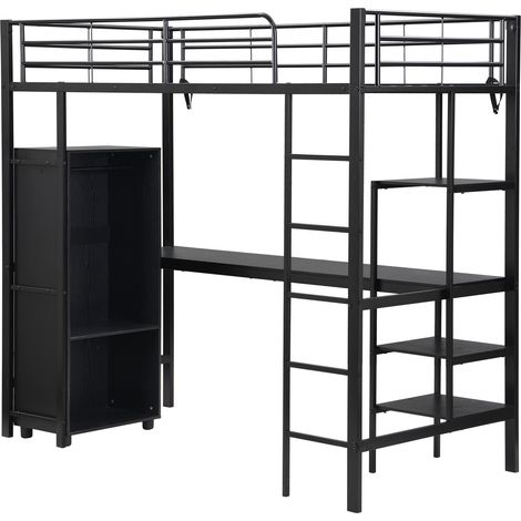 Schwarzes Metall-Hochbett 90x200 cm mit Schreibtisch, Schrank und Stauraum (1/5)
