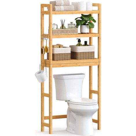 Meuble WC étagère dessus toilettes 26 x 63 x 163 cm support de rangement en bambou à 3 niveaux organisateur salle de bain avec tablettes réglables charge 15 kg/niveau assemblage facile blanc (1/5)