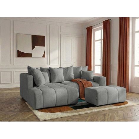 BOBOCHIC - Canapé d'angle L convertible coffre ROXELANE tissu chiné avec pouf Angle gauche  Gris clair (1/4)