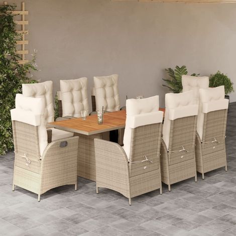 9-tlg. Garten-Essgruppe mit Kissen Beige Poly Rattan
