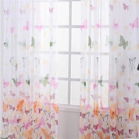 Lot de 2 Voilages Transparents avec Ruban fronceur et Tunnel, Décor Fenêtre Imprimé Papillons, Tulle pour Chambre et Salon, 100x200 cm, 2 Pièces (1/5)