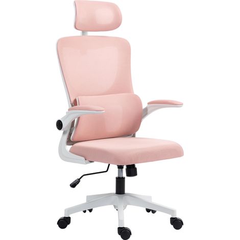 Chaise de bureau ergonomique dossier filet rose appui lombaire accoudoirs rabattables appui-tête réglable pivotante inclinable (1/5)