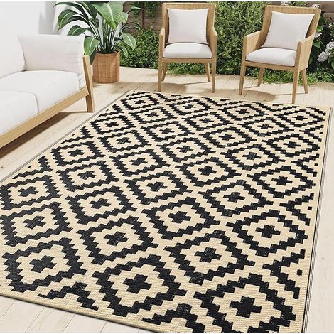Tapis d'extérieur imperméable, résistant aux UV, tapis de terrasse réversible en plastique, pour balcon, camping, pique-nique, jardin, 150 x 240 cm, noir et beige (1/5)