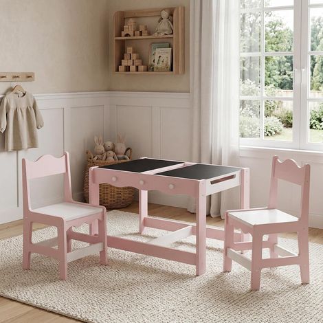 Wahson 3 en 1 Table Enfants avec 2 Chaises, Réversible à Double Face avec Tableau Noir, Grand Rangement caché, Crochets latéraux, Coins arrondis, Table pour Dessiner Apprendre Rose (1/5)