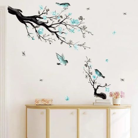 Stickers Muraux Branche De Fleur Autocollant Mural Fleurs Bleues Arbre Oiseaux Décoration Murale Enfants Chambre Salon (93419760) (1/2)