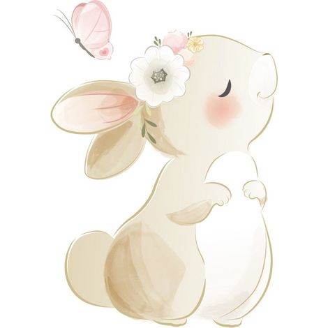 Adesivi murali - Coniglio e fiori - Adatti per camerette, camerette per bambini e soggiorni - Due pezzi (1/5)