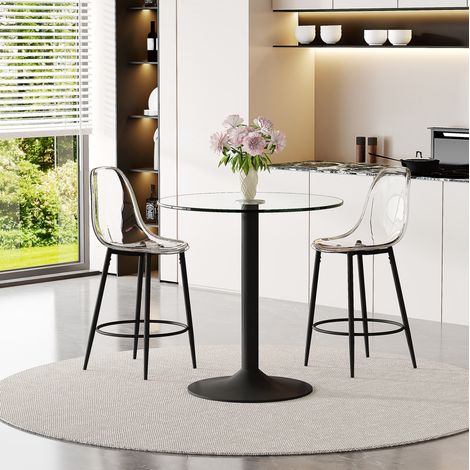 Ensemble table de bar et 2 tabourets en verre, métal noir et plastique transparent, plateau rond Ø89 cm, hauteur 92 cm (1/5)