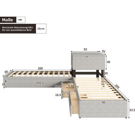 Lit escamotable double, deux lits simples avec tiroir, canapé-lit rembourré, lit fonctionnel avec rangement intégré, armoire et tiroir de stockage, dimensions 90x200 cm, sans matelas, lin gris (1/5)