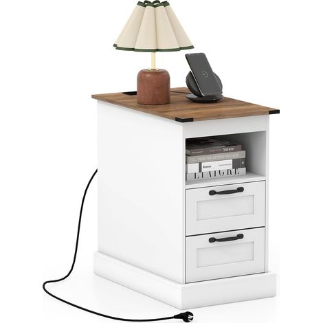 COSTWAY Tavolino con Cassetti e Stazione di Ricarica, Comodino con Mensola Aperta, 2 Cassetti, 2 Prese AC, Porta USB e Porta Type-C, Tavolino da Divano e Letto per Salotto e Camera da Letto (Bianco) (1/5)