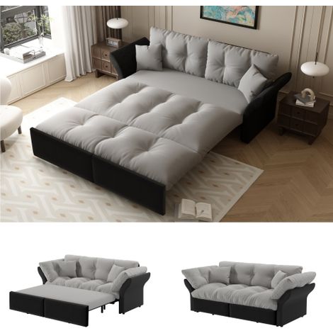 190 cm Queen-Size Ausziehsofa, 3-in-1 Konvertibles Schlafsofa mit Tufting und 2 weichen Kissen, Multifunktionelles Velourssofa-Bett, Hellgrau
