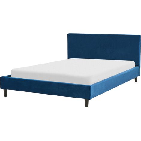 Cama tapizada en terciopelo azul marino 140 x 200 cm marco de listones cabecero estilo moderno Fitou