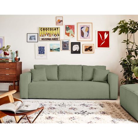 Bestmobilier – Canapé convertible 3 places avec coffre – Velours côtelé vert sauge – Couchage occasionnel 190x136 cm – Style contemporain