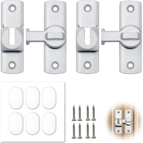 Lot de 2 loquets verrous pour porte coulissante, verrouillage réglable 90/180° argent, fermeture de sécurité pour chambre, balcon et salle de bain