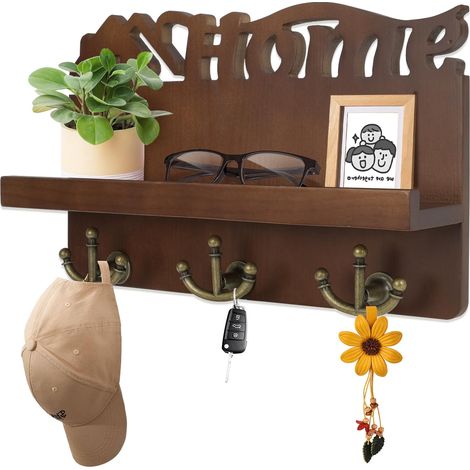 Porte-clés mural, porte-clés en bois avec 9 crochets pour clés, étagère à clés avec surface de rangement pour le courrier, la petite décoration, idéal pour l'entrée, le bureau et le couloir Marron (1/5)