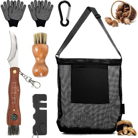 Pilzmesser Set mit Bürste, Tasche & Handschuhen Edelstahl Camping & Outdoor