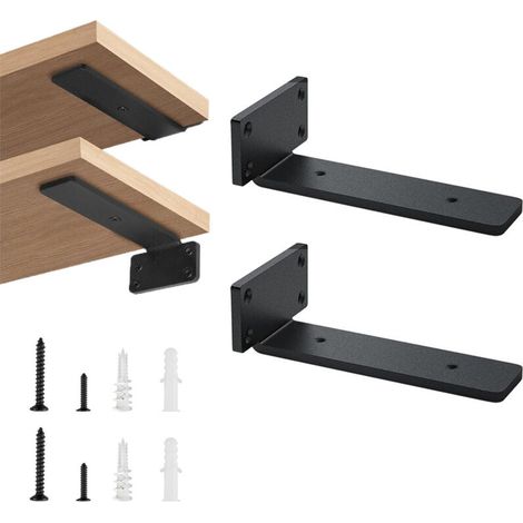 Set of 2 heavy-duty 25cm floating shelf brackets - 5mm thick - industrial wall-mounted shelf brackets with matching screws - black