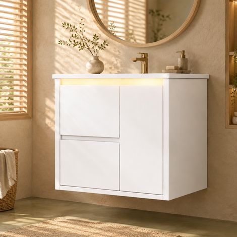 Mueble de baño mural 61 x 46,5 x 57 cm, 2 cajones, 1 armario, LED con sensor, blanco OKMYHOME (1/5)