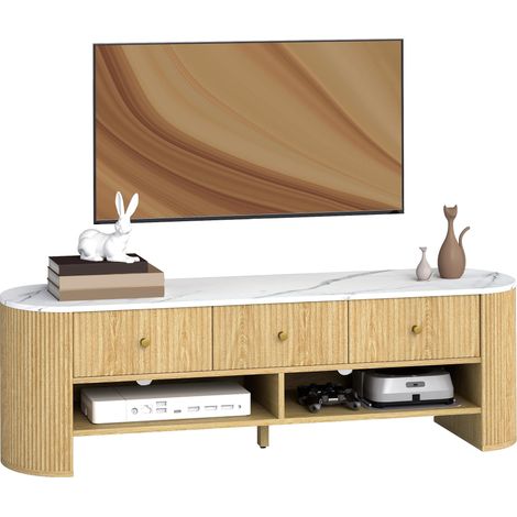Meuble TV 140 cm, meuble télé pour téléviseur 65 pouces effet marbre 3 tiroirs façades à cannelures effet bois naturel (1/5)