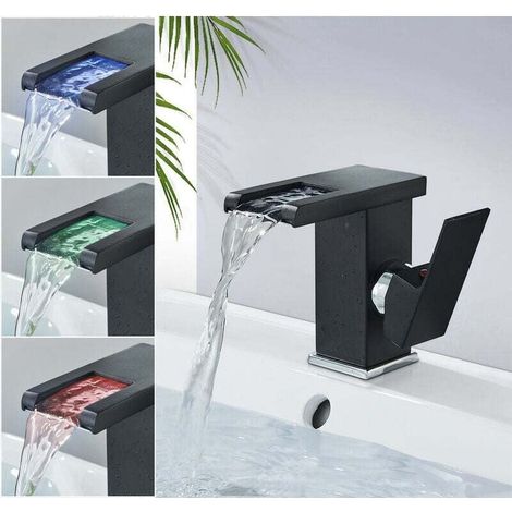 Moderne Wasserfall-Waschtischarmatur, schwarzer Mischbatterie, langlebige LED, Warm- und Kaltwasser einstellbar. (1/4)