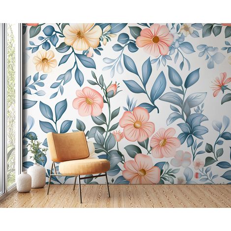 Papier peint fleuri - aquarelle champêtre bleue - 150 x 250 cm (1/2)