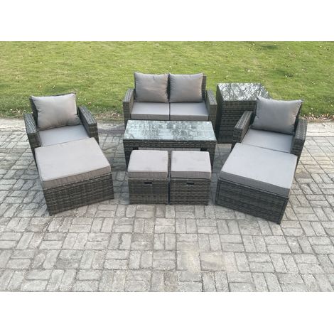 Fimous High Back Rattan Garden Furniture Sofa Sets with Rectangular Coffee Table Side Table Armchair 2 Big Footstool 2 Small Footstools Dark Grey Mixed (1/5)