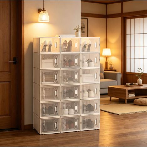Lot de 18 boîtes à chaussures empilables 35.5x25x18.5 cm transparent et blanc en plastique avec ouverture frontale (1/5)