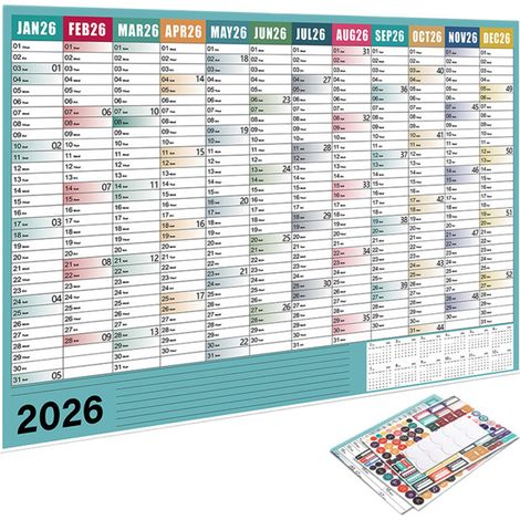 Calendrier mural 2026 – 74x53cm, 365 jours, autocollants, vierge, bureau/maison, vert (lot 2) (1/5)