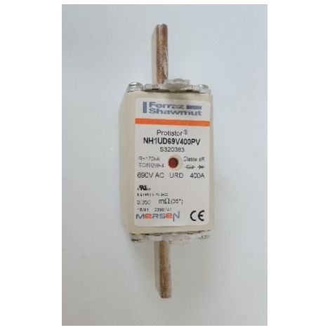 Fusible cartouche corps carré Standard DIN Taille NH1 Courbe : aR Calibre : 400 A Tension : 690 V Indicateur MERSEN S320383