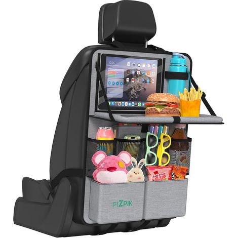 Organizador para el asiento trasero del coche con soporte para tablet, 11 bolsillos de almacenamiento con bandeja plegable para comida, alfombrilla de seguridad infantil, organizador de accesorios de  (1/5)
