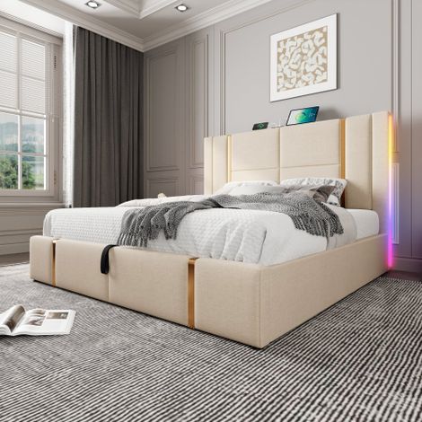 Polsterbett USB Type C Ladefunktion APP-Control LED Einzelbett  Stauraumbetten Bettgestell, Lattenrost aus Holz,Leinenmaterial (Ohne Matratze)