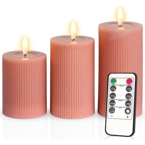 – Set mit 3 gerippten LED-Stumpenkerzen – Antikrosa – Stumpenkerzen aus echtem Wachs – LED-Kerzen – Höhe: 10 / 12,5 / 15 cm – Mit Fernbedienung – Timer (2/4/6/8 Stunden) – Einstellbare Helligkeit (1/5)