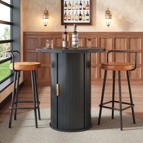 Ensemble table et chaises de bar (incluant 2 tabourets de bar) : comprend une table haute ronde avec rangement intégré et deux tabourets de bar ergonomiques fabriqué en MDF avec une finition imitatio (1/5)