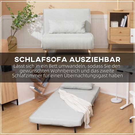 Canapé convertible 1 place, canapé-lit pliable avec dossier ajustable, méridienne design scandinave, mousse 25D, tissu lin effet, bois d'hévéa, blanc crème, 94x78x80 cm
