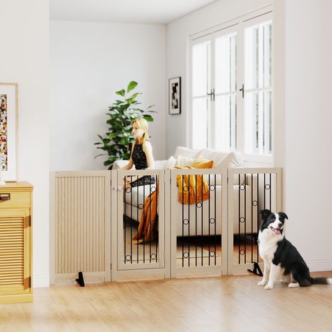 Freistehendes Haustiertor, Hundegitter mit Tür, 4 Paneele, für Flur, Treppe, Türrahmen, MDF, Stahl