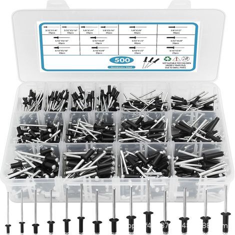 Assortiment de 500 rivets pop noirs, 14 tailles de rivets en aluminium (3/32", 1/8", 5/32", 3/16"), jeu de rivets aveugles pour métal avec séparateur renforcé et coffret étiqueté (1/5)