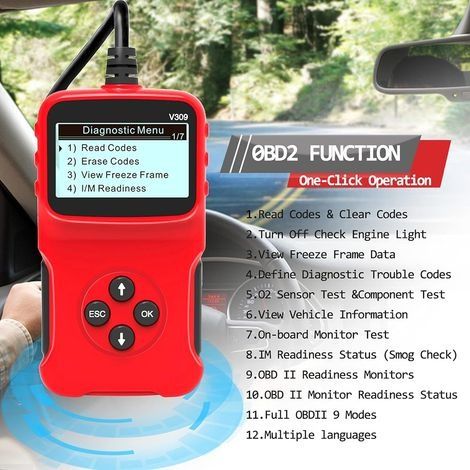 OBD2-Autoscanner Universal, kabelgebunden, CAN-Bus, automatisches Diagnosegerät V309 zum Auslesen der Motorkontrollleuchte, HD-LCD-Display (1/4)