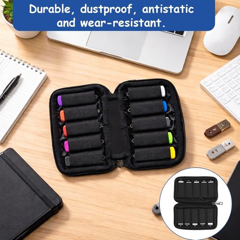 1 étui de rangement pour clé USB, avec 10 emplacements, sac de rangement pour clés USB, design fin en caoutchouc naturel (noir)