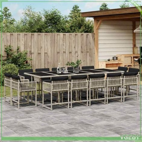 Ensemble à manger de jardin - 15 pcs rotin - gris clair - 14 chaises pliantes - coussins amovibles (1/5)