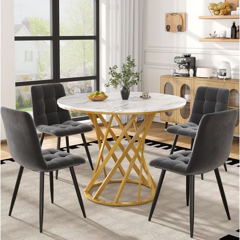 Conjunto de comedor 5 piezas mesa redonda 80 cm MDF efecto mármol, patas metálicas, gris DESVIAE (1/5)