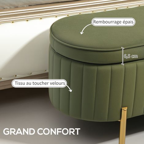 Banc rangement bout de lit velours couvercle pieds métal 72L 108x44x43,5 cm vert foncé