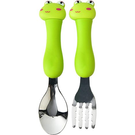 Ensemble de couverts pour enfants en acier inoxydable, fourchette et cuillère, 1 ensemble, avec boîte, motif animal de dessin animé (grenouille) (1/5)