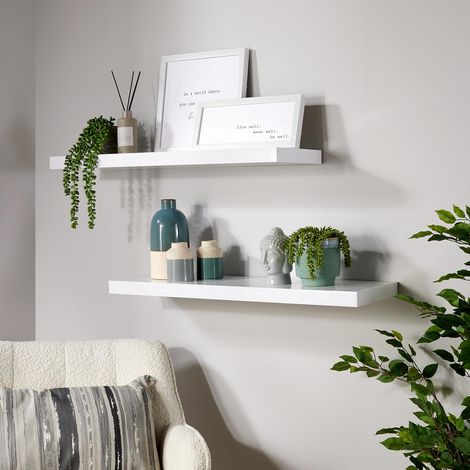 Pair Floating Wall Mounted Storage Shelf Wooden 80cm CD Bookshelves Gloss White (1/5)
